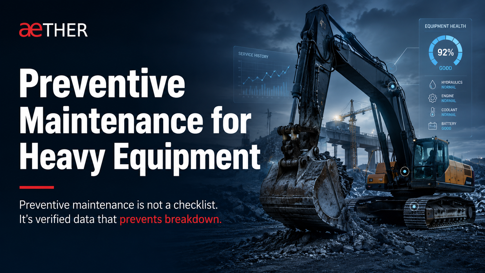Heavy construction equipment lined up on site for preventive maintenance inspection