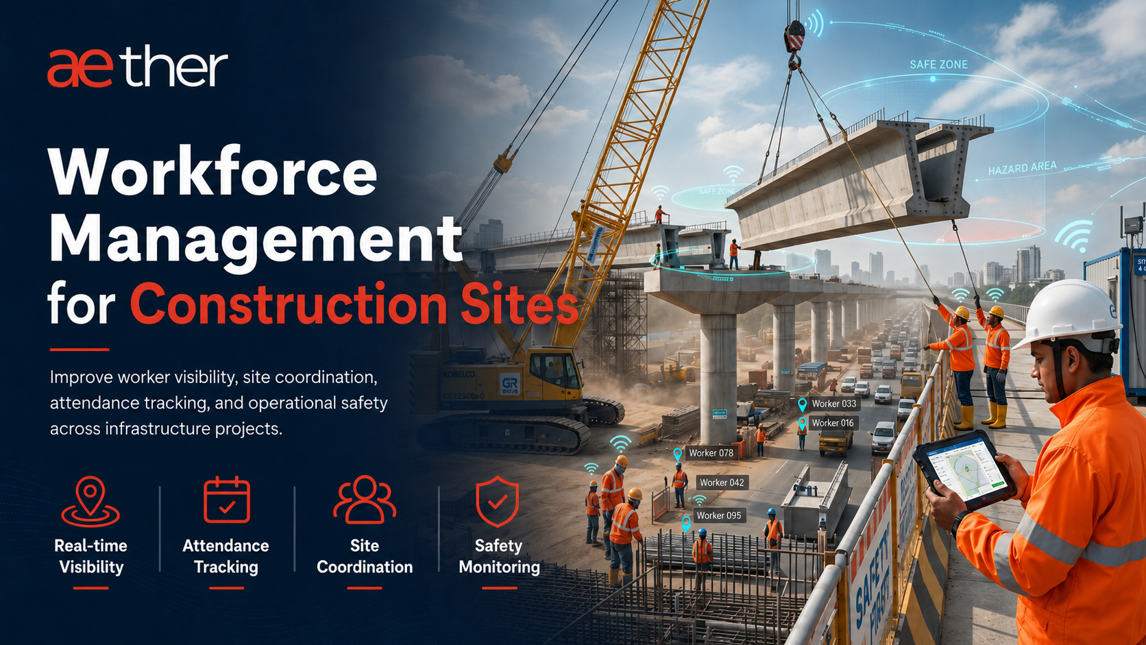 Workers on a construction site with digital workforce tracking overlays
