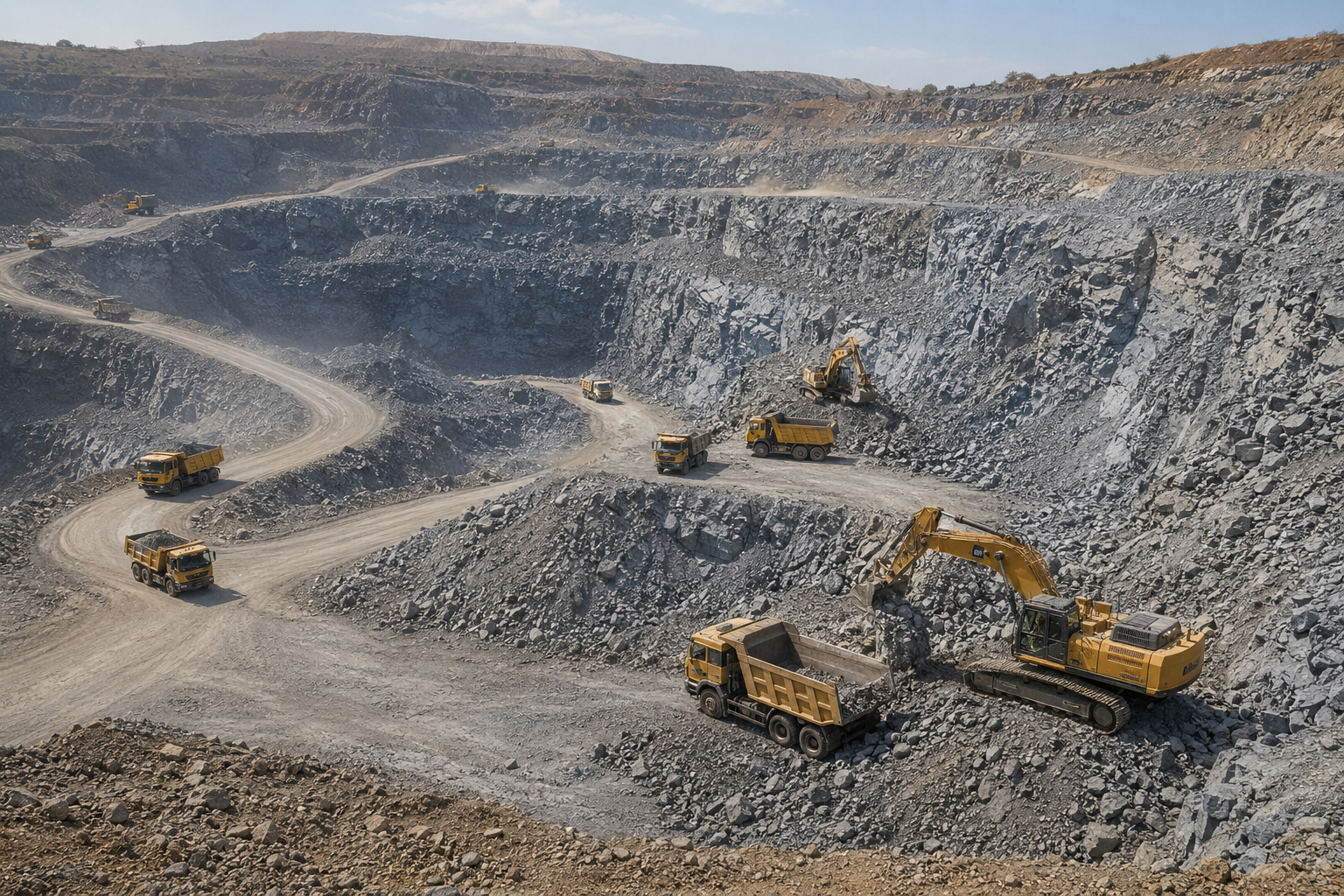 Heavy mining equipment operating at a mine site