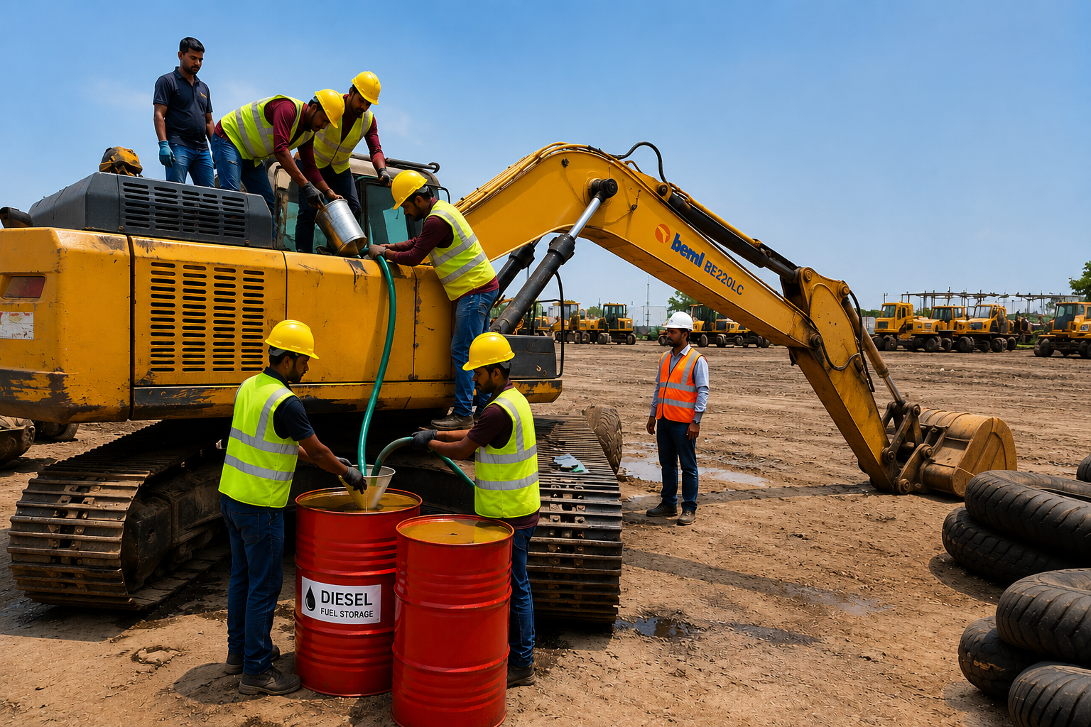 Engineer draining diesel from the fuel tank into storage barrels