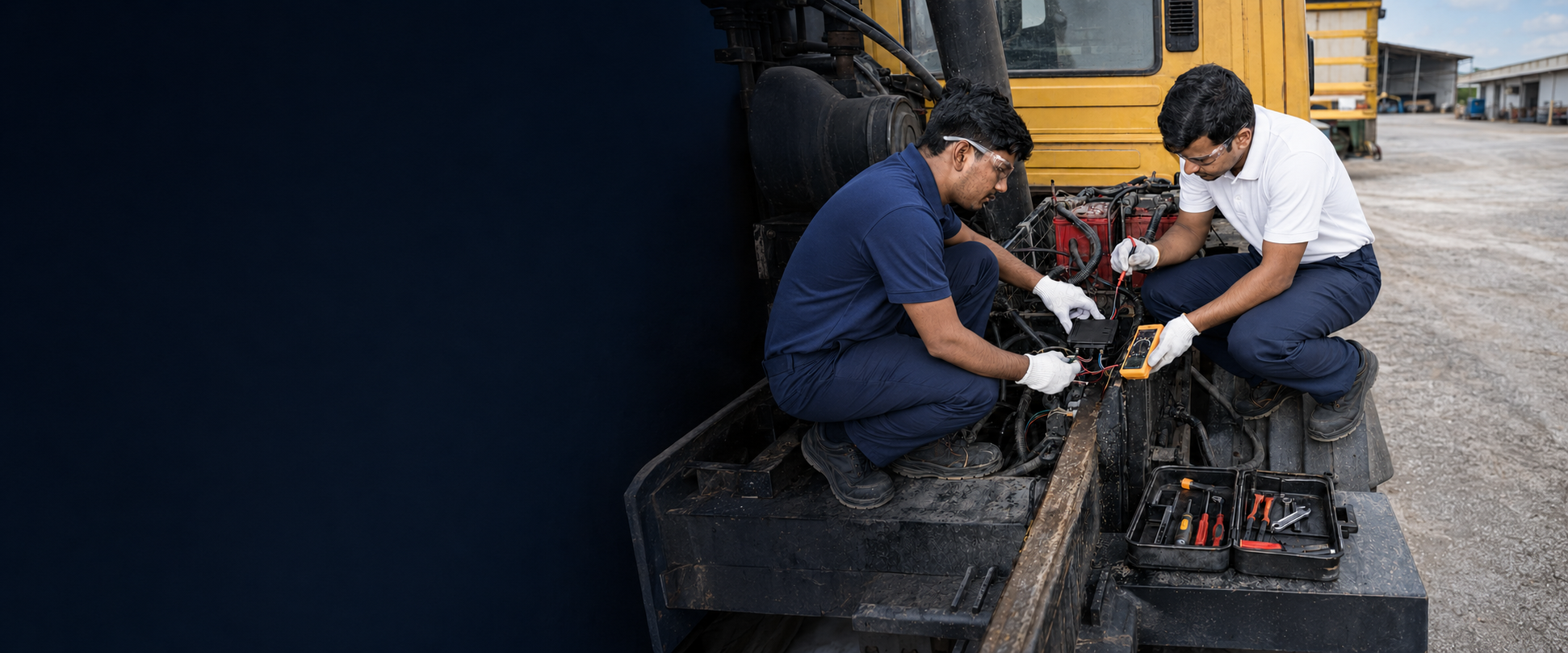 Field engineer servicing GPS and fuel sensor hardware on a construction vehicle