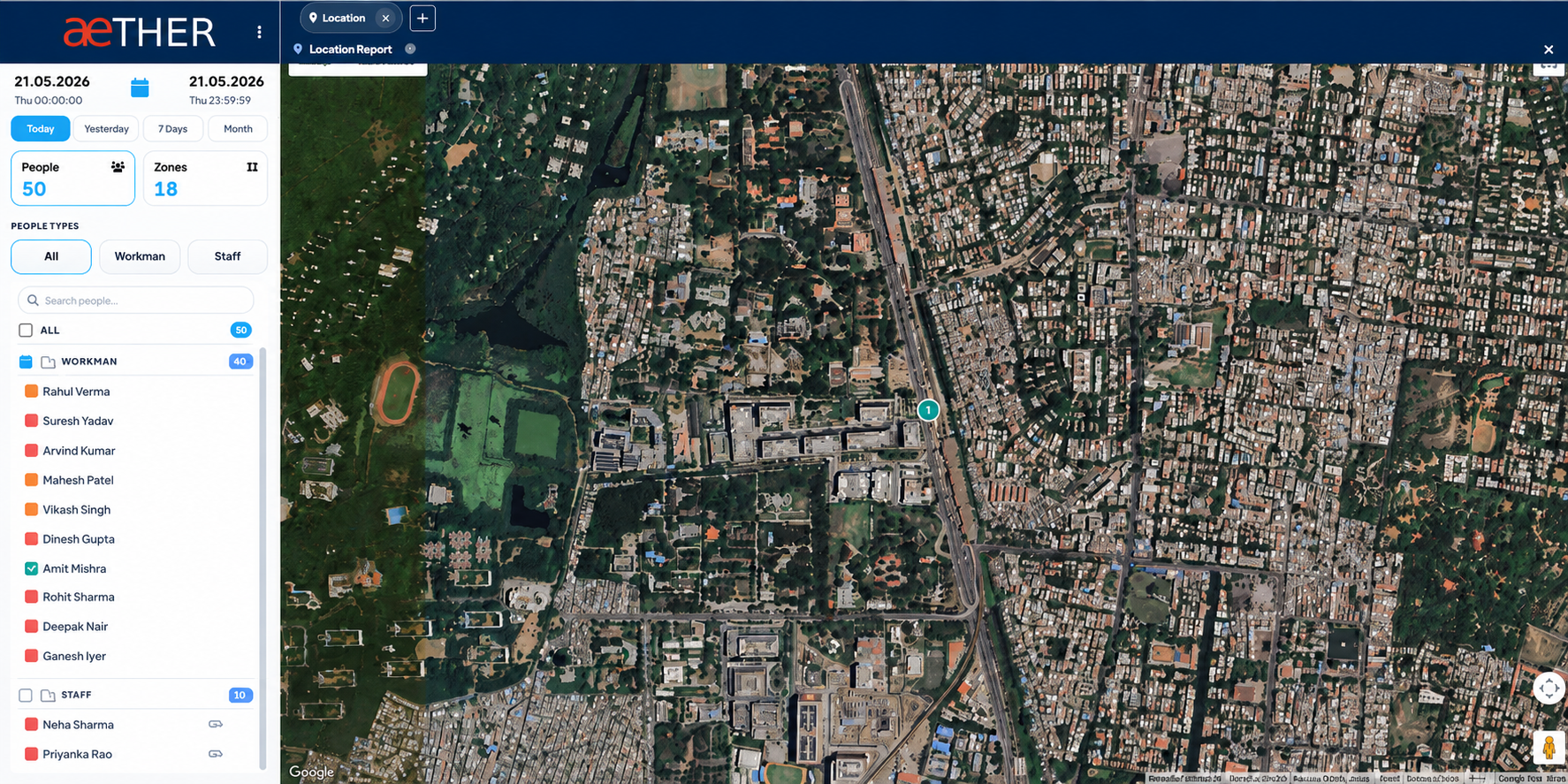 Aether location report showing workforce positions on a satellite map