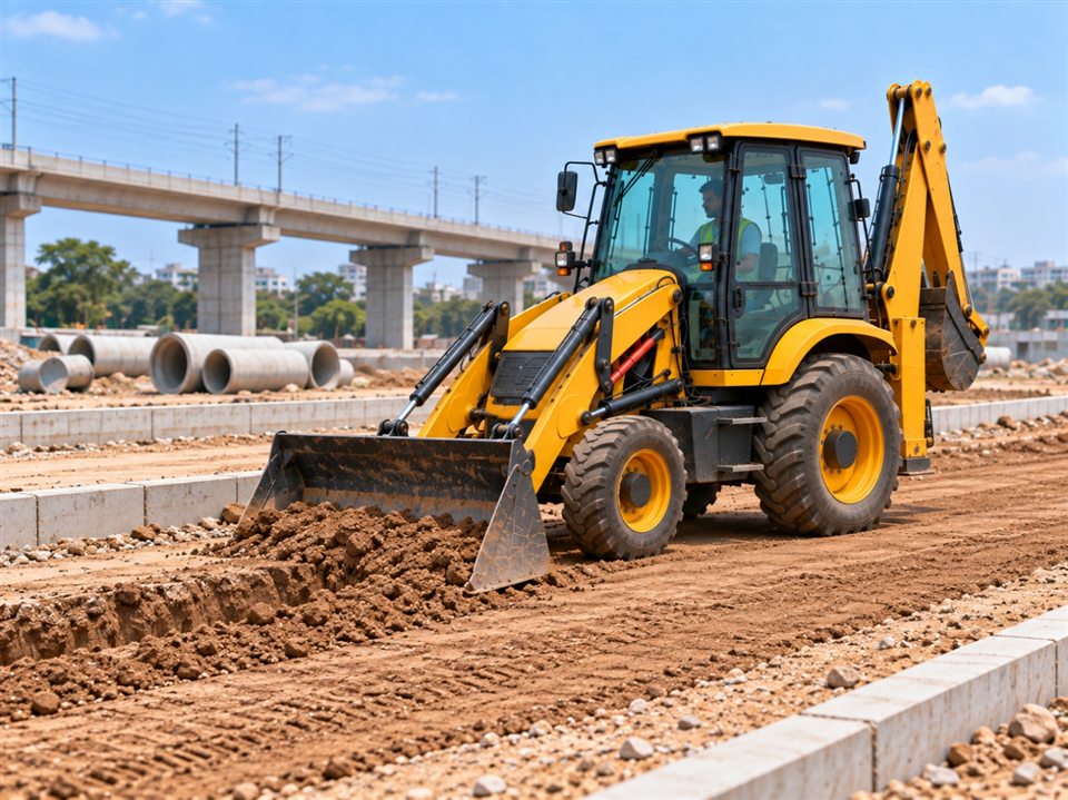 Illustration of a backhoe loader pushing soil into a trench with its front bucket