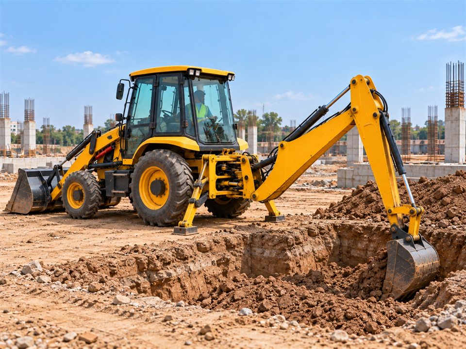Illustration of the rear backhoe digging an excavation with stabiliser legs deployed