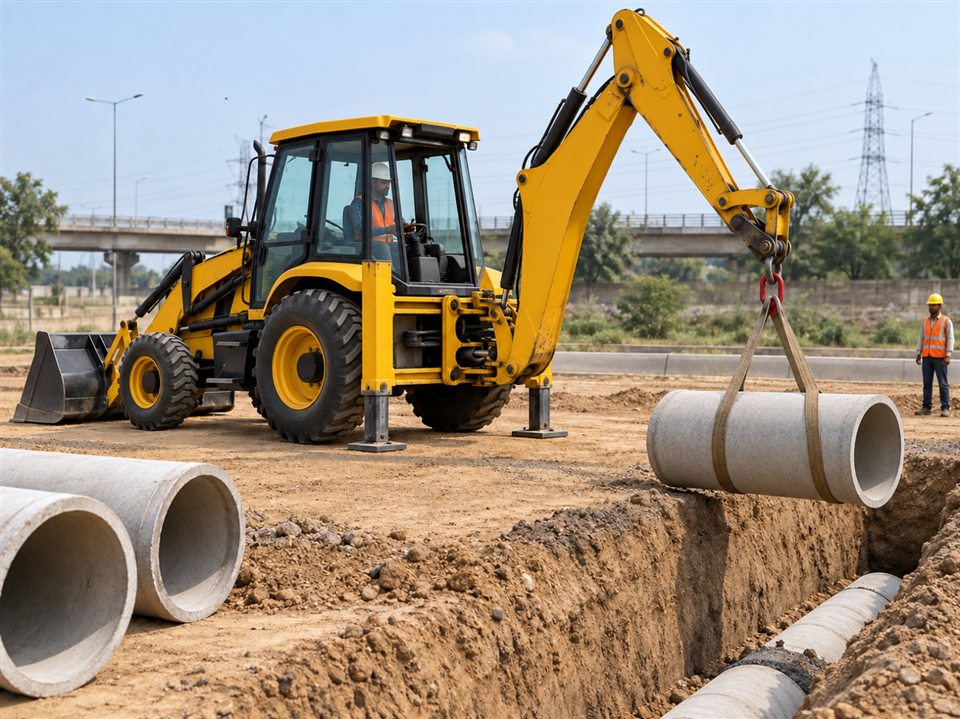 Illustration of a rear backhoe lifting a concrete pipe using slings