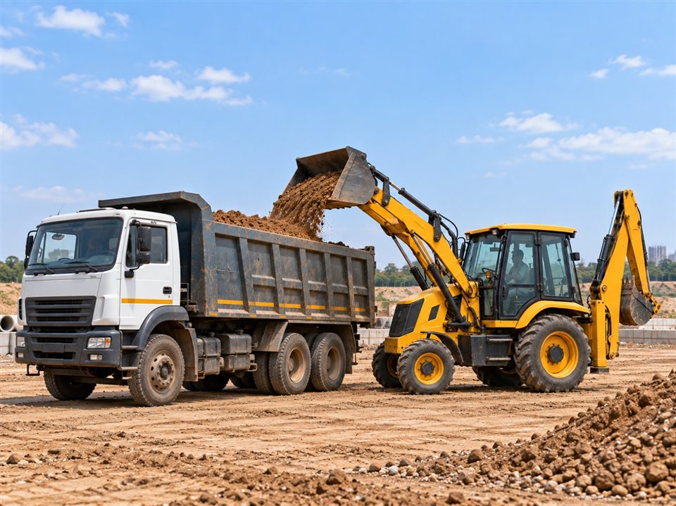 Illustration of a backhoe loader loading soil into a tipper truck