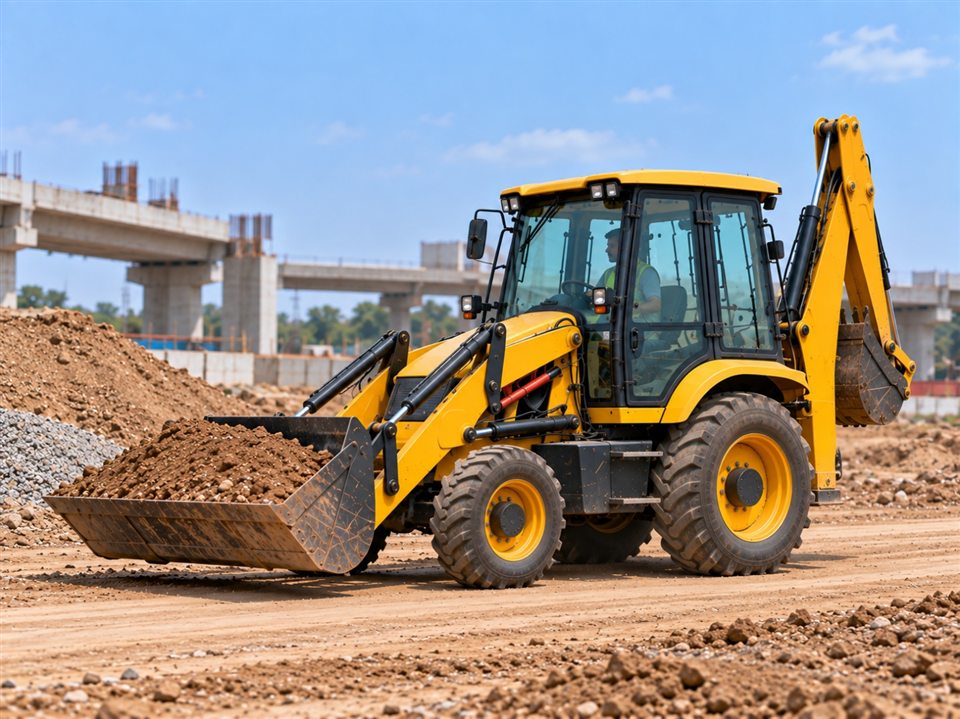 Illustration of a backhoe loader carrying soil in its front bucket