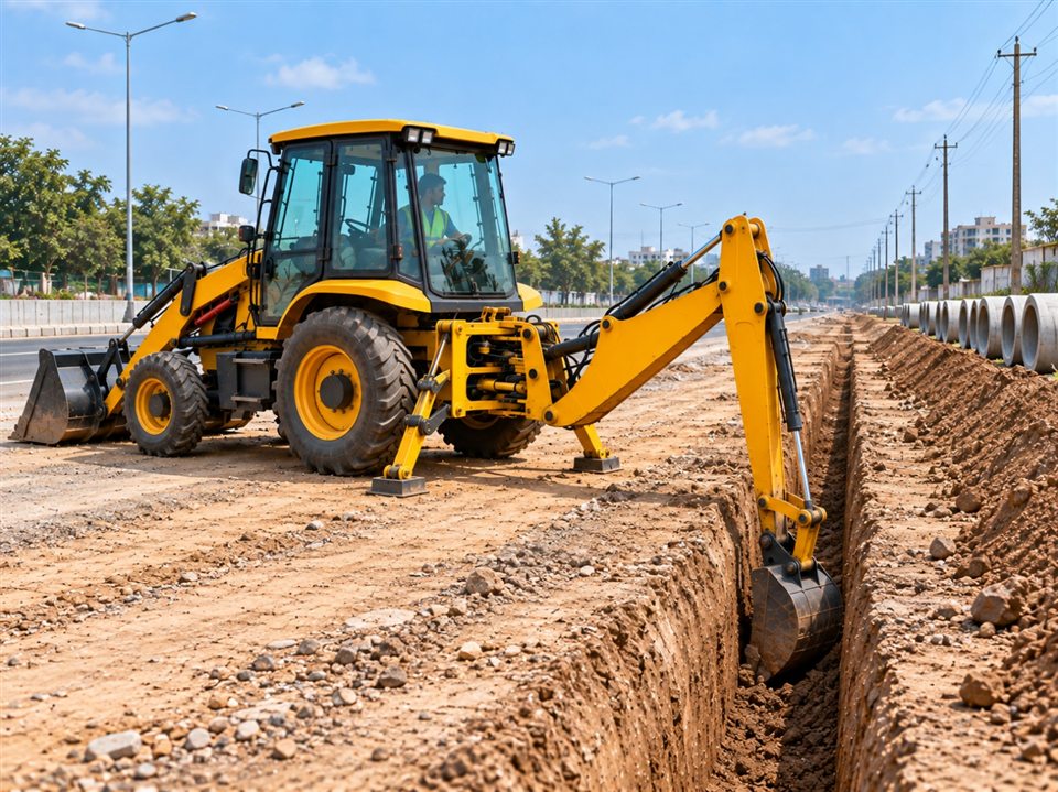 Illustration of a backhoe loader digging a narrow utility trench