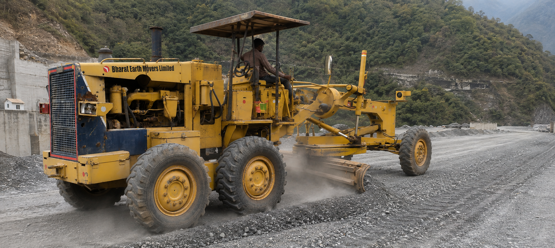 Motor grader levelling ground on a road construction site
